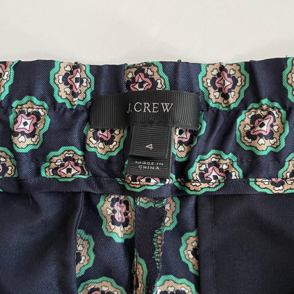 J. Crew navy and teal silk cropped pants in foulard pattern print - Picture 7 of 9